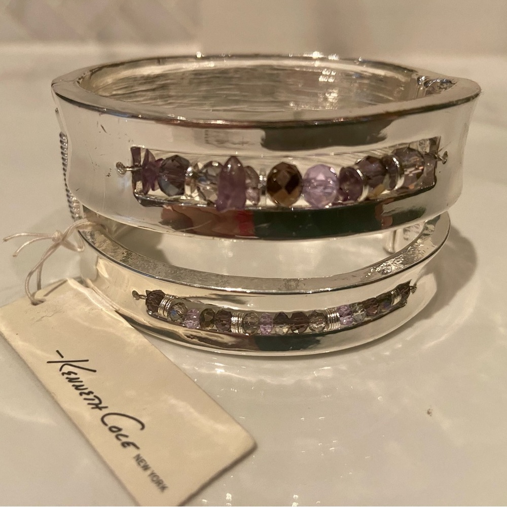 NWT! Large Silver Bangle Bracelet with Purple Beads